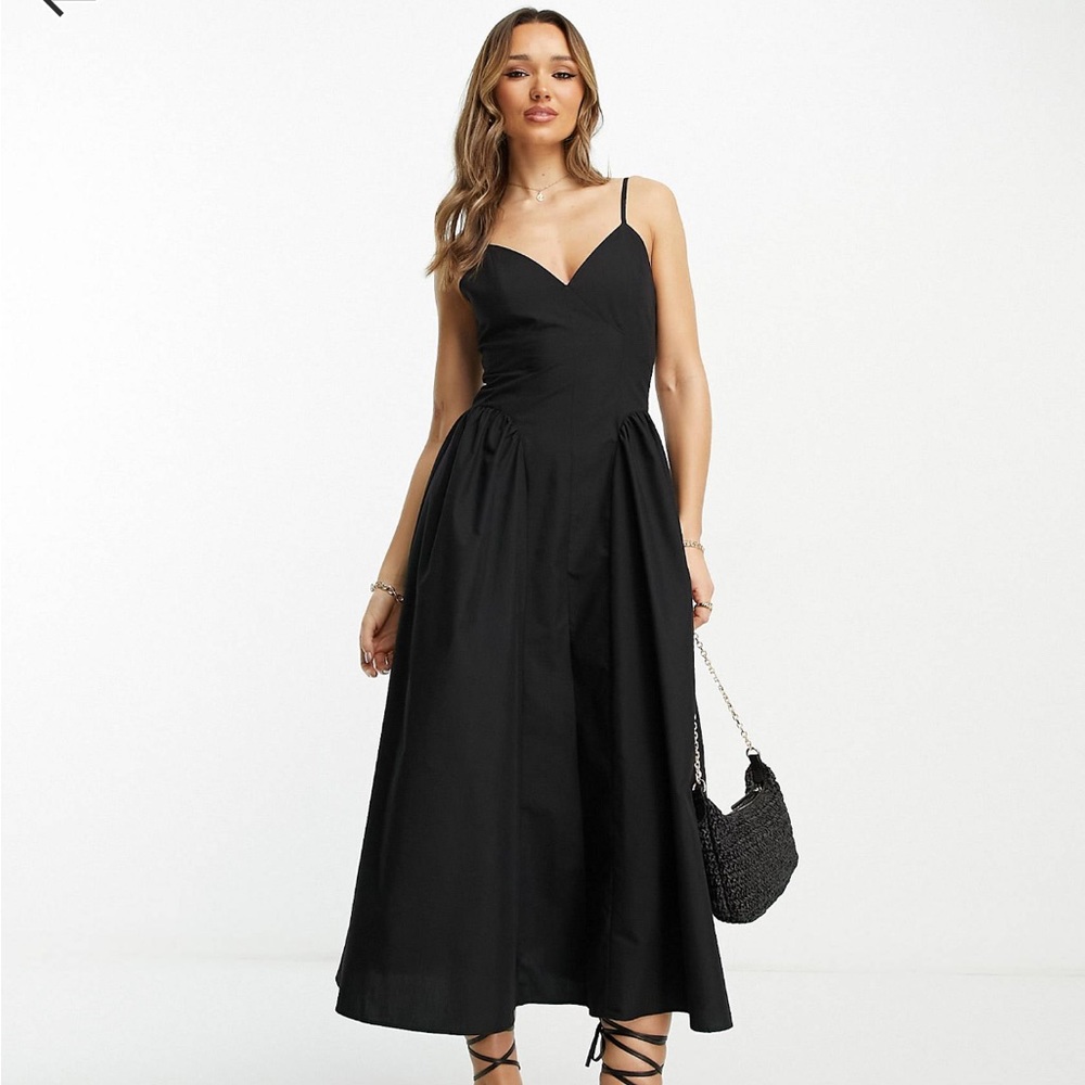 NWT ASOS Drop Waist Black V Neck Cotton skater maxi midi dress Size US 2 UK 6
